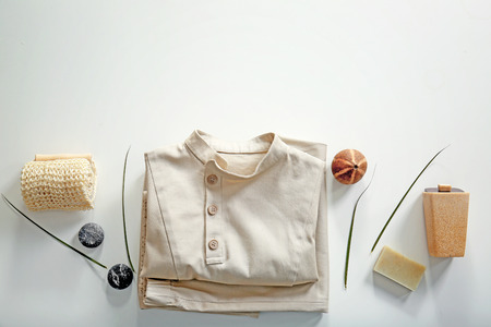 Composition with spa uniform on white backgroundの写真素材