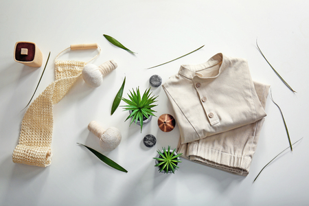 Composition with spa uniform on white backgroundの写真素材