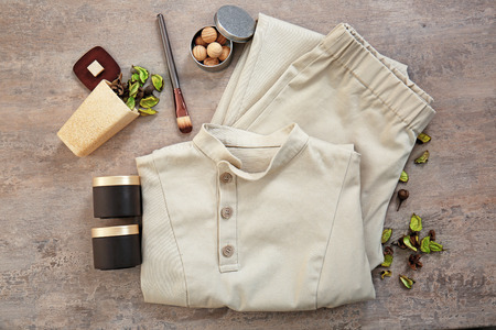 Composition with spa uniform on grunge backgroundの写真素材