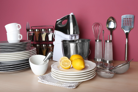 Kitchen utensils and cookware for cooking classes on wooden tableの写真素材