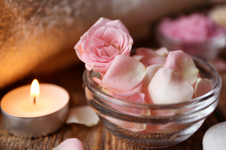 Beautiful spa composition on wooden tableの写真素材