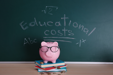 Piggy bank with books and coins on chalkboard background. Education costs conceptの写真素材