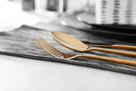Cutlery on table set in restaurant, closeupの写真素材