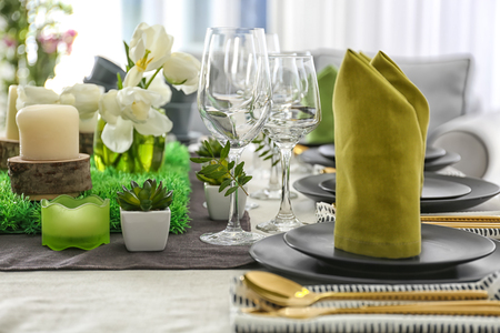 Beautiful festive table setting, closeupの写真素材