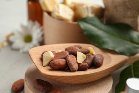 Wooden spoon with ingredients for cocoa butter lotion, closeupの写真素材