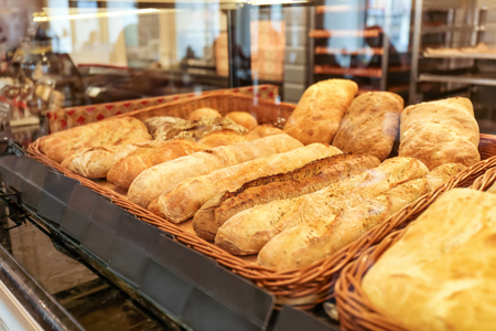 Counter with bakery products in shop, closeupの写真素材