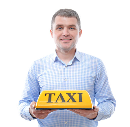 Man with taxi roof light on white backgroundの写真素材