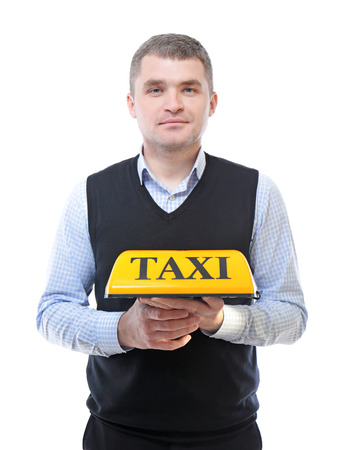 Man with taxi roof light on white backgroundの写真素材