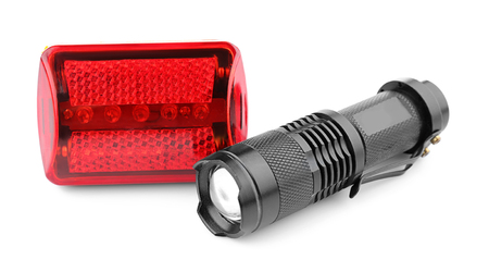 Safety lights for bicycle on white backgroundの写真素材