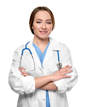 Female doctor with stethoscope on white backgroundの写真素材