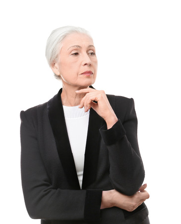 Beautiful elegant elderly woman on white backgroundの写真素材