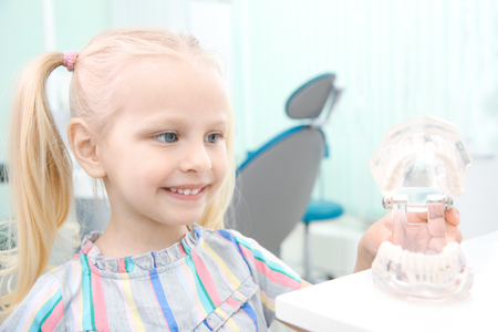 Cute little girl with plastic jaw mockup at dentist's officeの写真素材