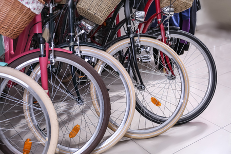 Row of new modern bicycles in shopの写真素材