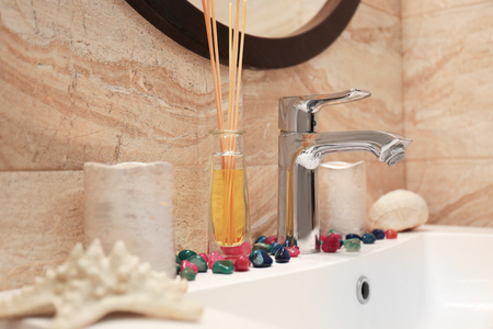 Clean sink and faucet in modern spa centerの写真素材