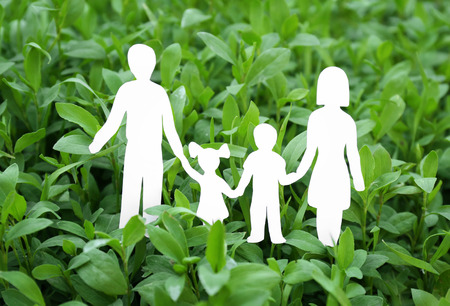 Paper silhouette of family and green grass on background. Insurance conceptの写真素材