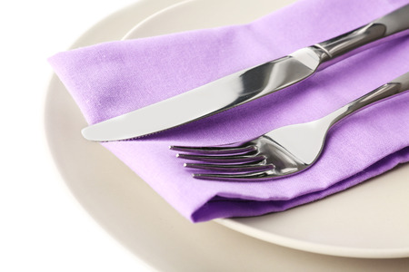 Beautiful festive table setting with lilac flower decor on white background, closeupの写真素材