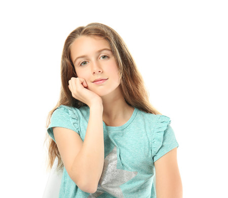 Cute teenager girl on white backgroundの写真素材