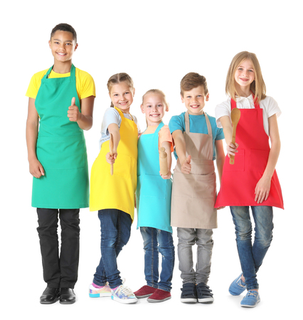 Group of children on white background. Concept of cooking classesの写真素材