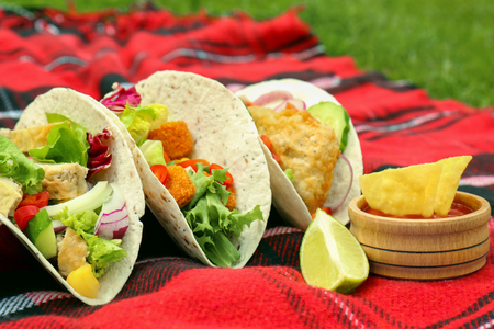 Delicious fish tacos on picnic blanketの写真素材