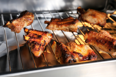 Baking tray with delicious pork ribs, closeupの写真素材