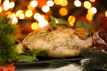 Plate with delicious turkey breast against blurred lightsの写真素材