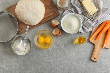 Ingredients for baking carrot cake on tableの写真素材