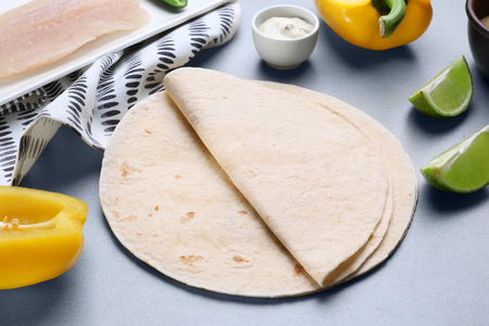Tortillas for fish tacos on grey backgroundの写真素材