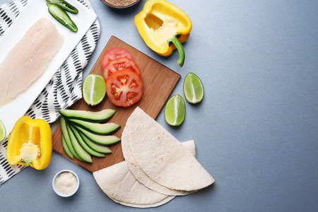 Ingredients for fish tacos on grey backgroundの写真素材