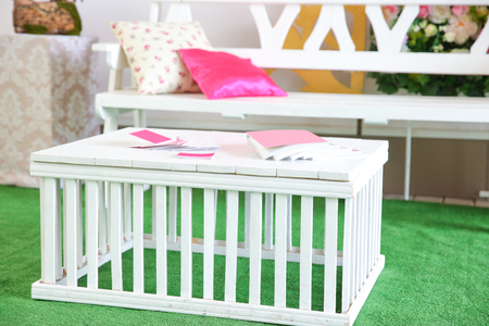 Table with wedding magazines, indoorsの写真素材