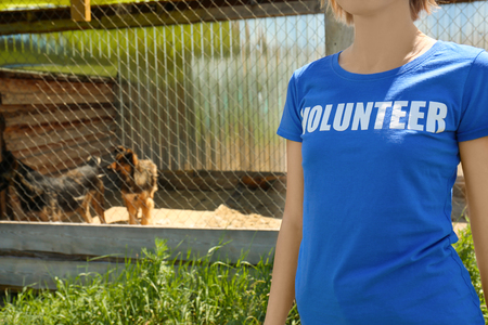 Female volunteer standing on the territory of dog shelterの写真素材