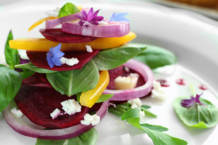Plate with useful beet salad, close upの写真素材