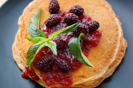 Plate with delicious pancakes, close upの写真素材
