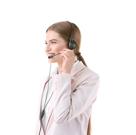 Young woman with headset on white backgroundの写真素材