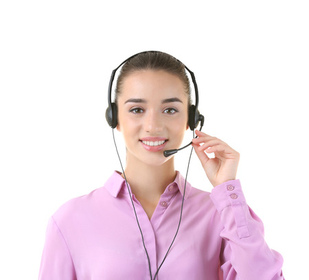 Young woman with headset on white backgroundの写真素材