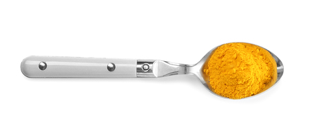 Turmeric in spoon on white backgroundの写真素材