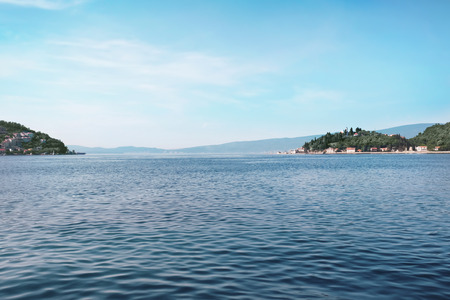 Beautiful view with small city on seashoreの写真素材