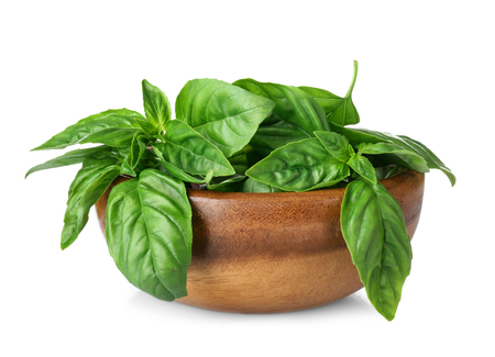 Green fresh organic basil leaves in wooden bowl isolated on whiteの写真素材