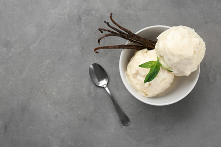 Delicious vanilla ice cream in white ceramic bowl on grey backgroundの写真素材