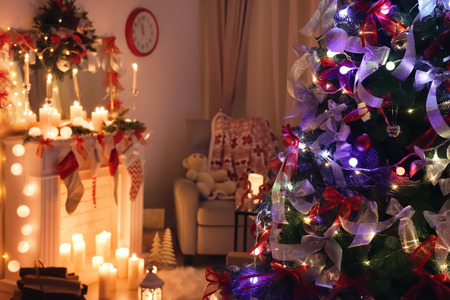 Beautiful decorated Christmas tree in living room, closeupの写真素材
