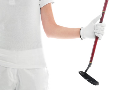 Woman holding golf club on white background