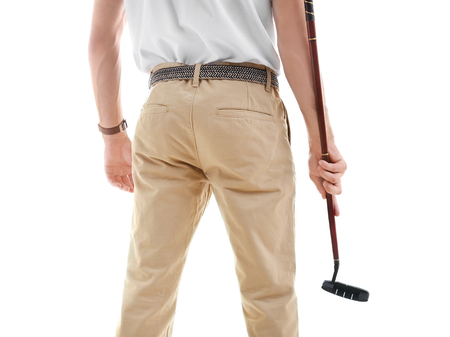 Man with golf club on white backgroundの写真素材