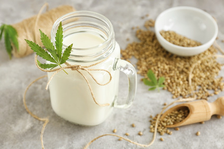 Jar with hemp milk on kitchen tableの写真素材