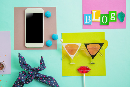 Colorful composition with accessories. Beauty blogger conceptの写真素材