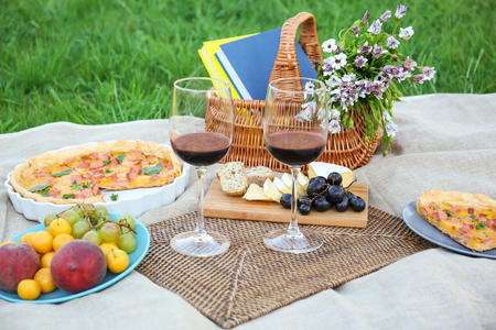 Delicious food for picnic and glasses of wine outdoorsの写真素材