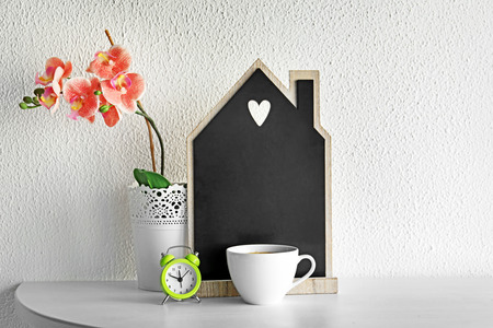 Composition with aromatic morning coffee on tableの写真素材