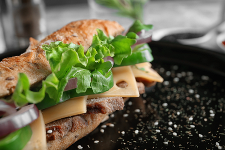 Delicious steak sandwich on plate, closeupの写真素材