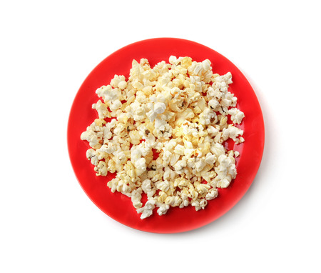 Plate with popcorn on white backgroundの写真素材