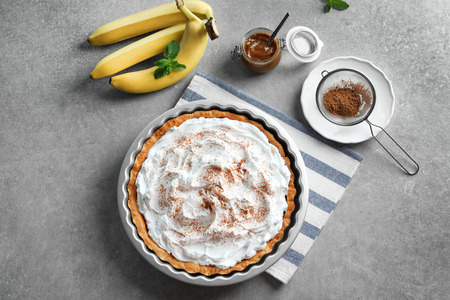 Delicious banana cake on tableの写真素材