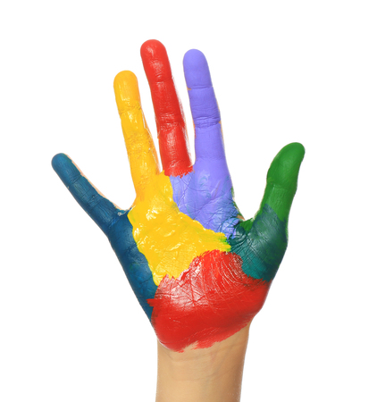 Painted hand on white backgroundの写真素材