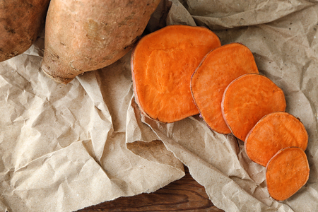 Sweet potatoes on tableの写真素材